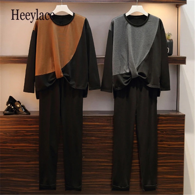 Осень 2019 комплекты из двух предметов размера плюс женские свободные