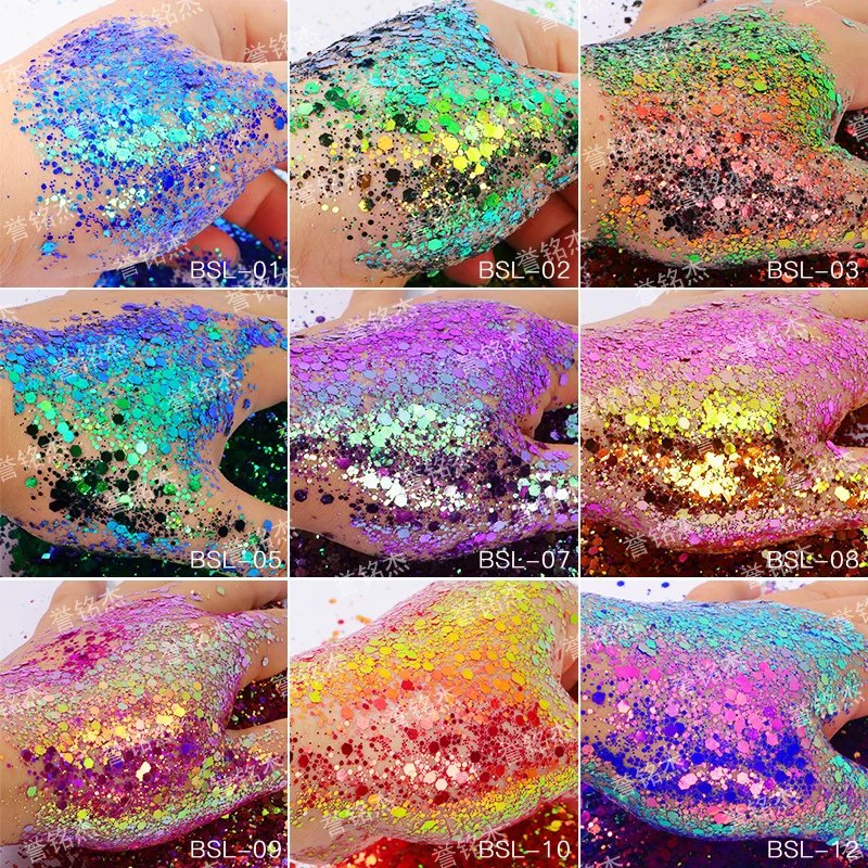 1kg Wholesale Hexagon Changing Color Glitter For Eye Face Body Crafts Nail Art Chameleon Color Mix Size Shift Sequins