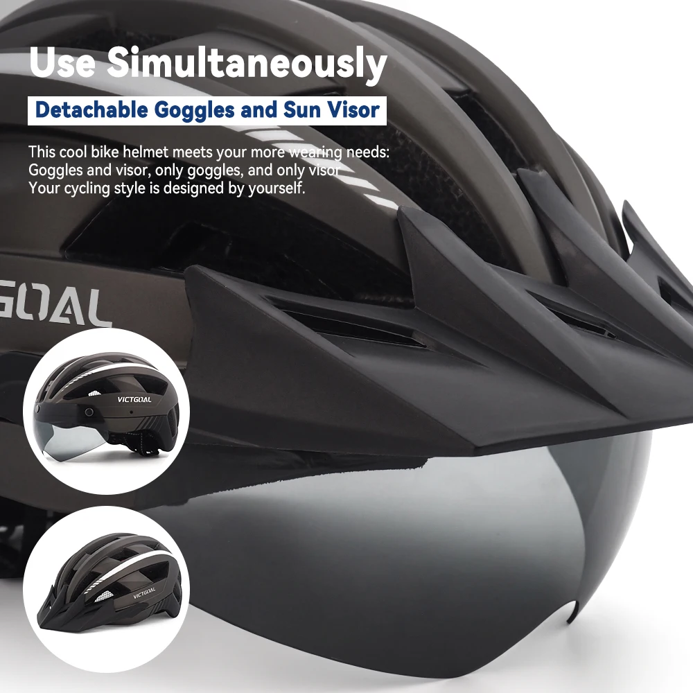 Велошлем VICTGOAL с защитными очками для мужчин, задним светодиодным фонарем и солнцезащитным козырьком для женщин, для велосипедного спорта MTB по дороге.