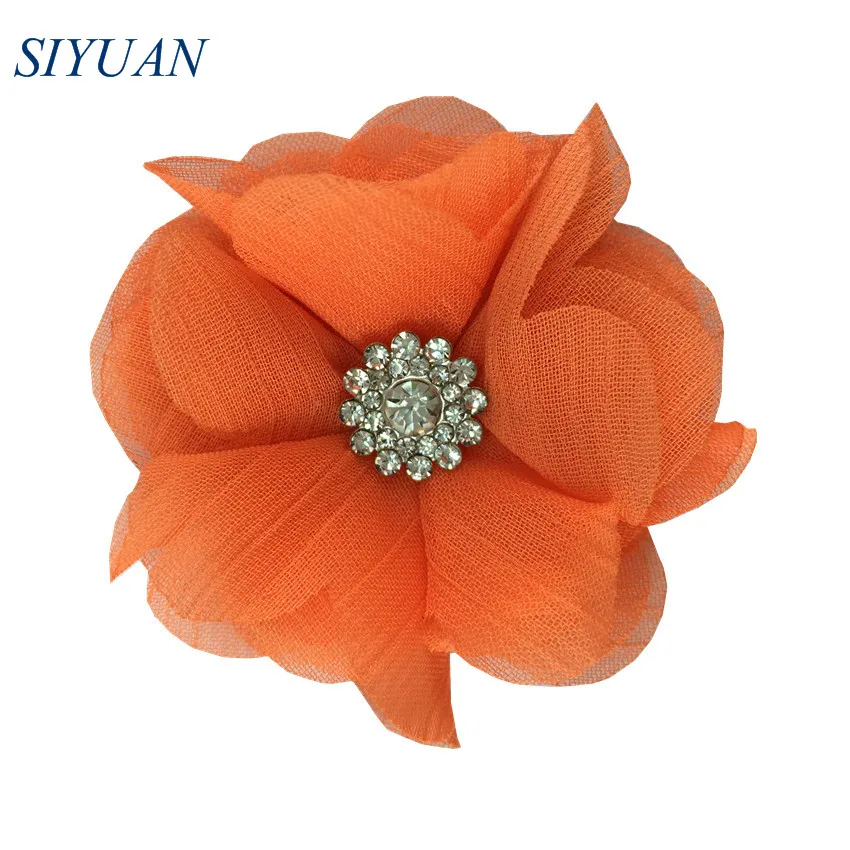 9-orange 120 шт./лот,, 6 см, ткань, шифон, цветы, стразы, на пуговицах, для девушек, на каждый день, головные уборы, свадебные аксессуары TH301 - Цвет: 9-orange