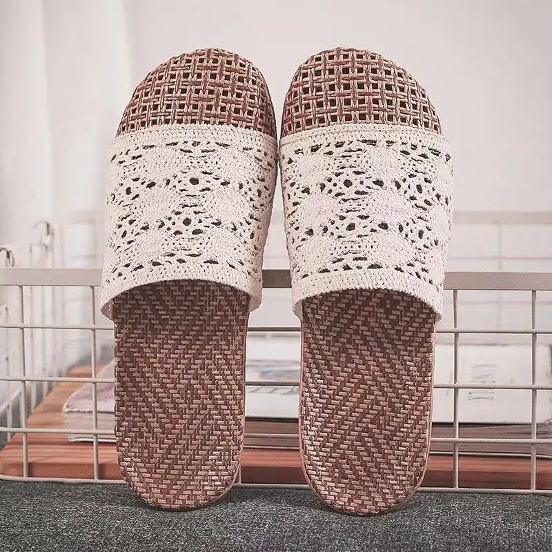

2021 New Summer Women's Slippers Sandals Woven by Rattan Grass In Baotou Breathable Rattan Indoor Home Linen Slippers