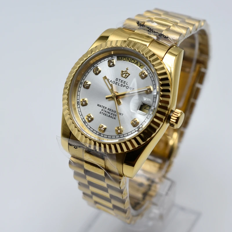 Часы STEELBAGELSPORT мужские механические золотые из нержавеющей стали 36 мм|Мужские