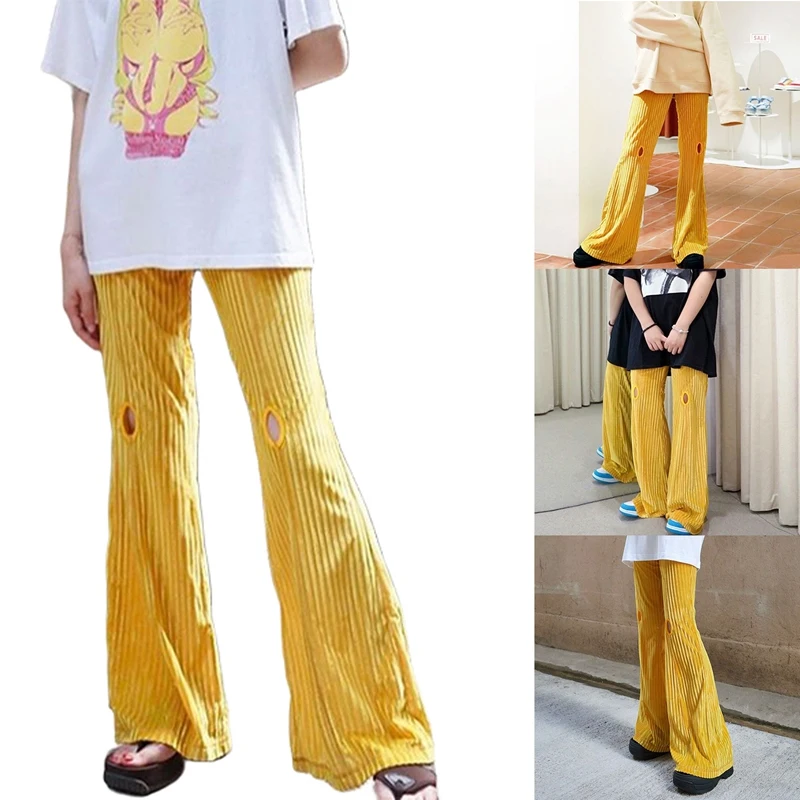 

Corduroy Flare Pants Women Streetwear High Waist Solid Yellow Sweatpants Female Bottom Autumn Y2k Hole Trousers