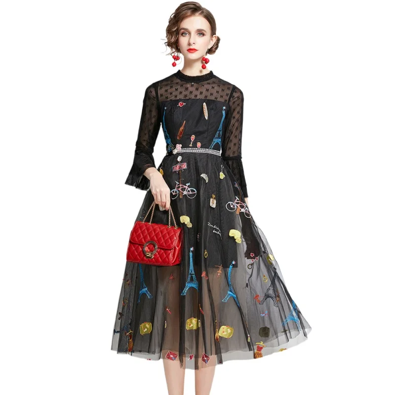

Femme Vestidos Jurk Simgent Embroideried Dress Women Flare Sleeve Mesh Patchwork Elegant Vintage Dresses Vestidos Robe