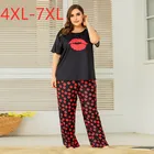 Женская пижама из двух предметов, свободная футболка с принтом и длинные штаны, домашняя одежда, 4XL, 5XL, 6XL, 7XL, лето 2021