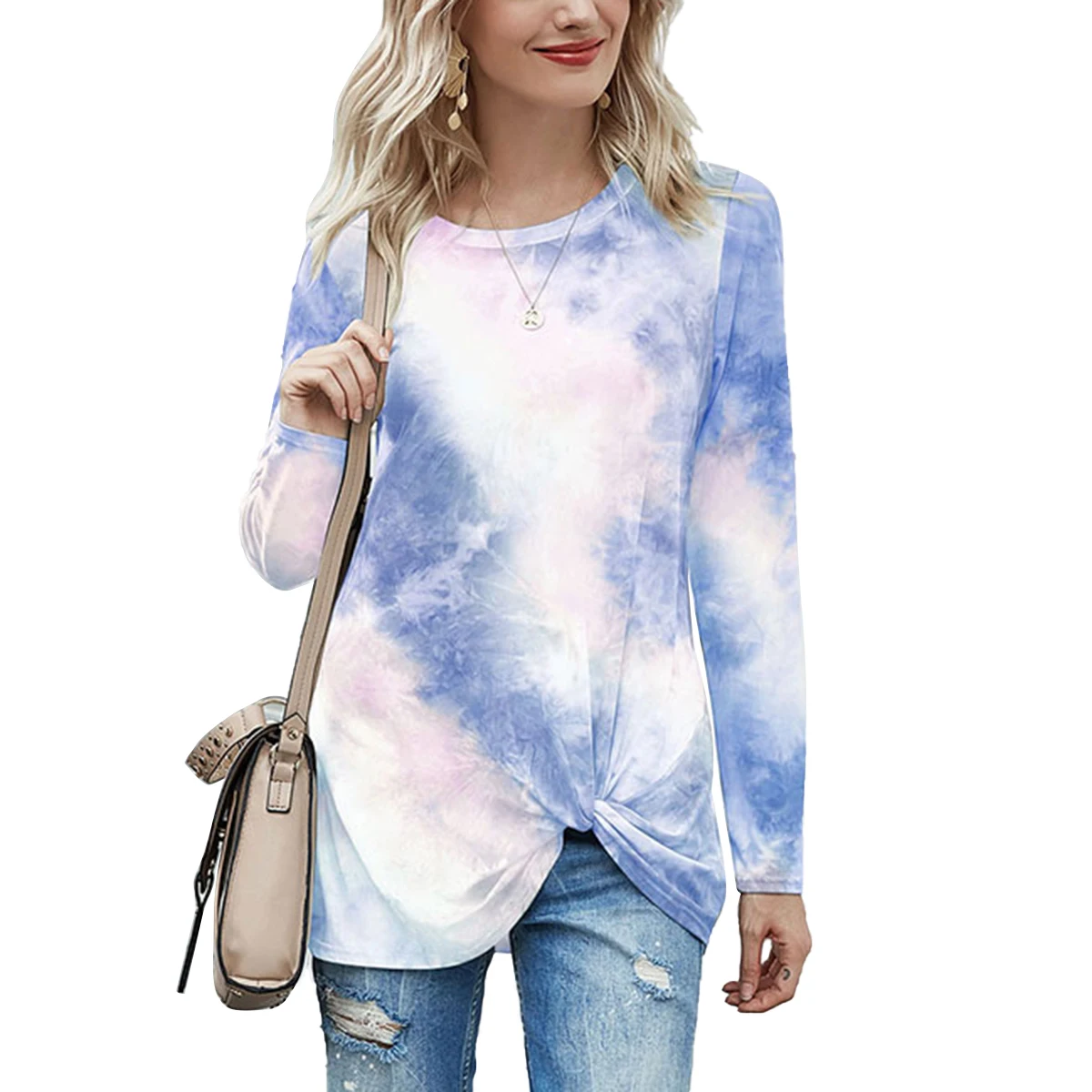 

Women Gradient Printed T-shirt, Long Sleeve Round Collar Pleated Pullover, Grey/ Black/ Pink/ Yellow/ Blue