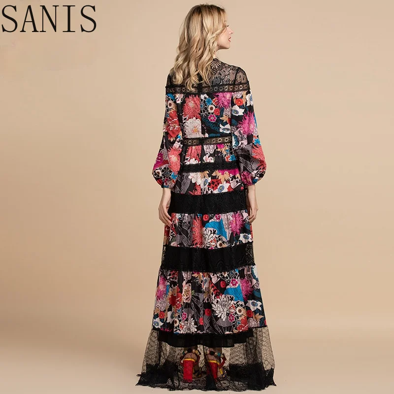 

Sanis 2021 Summer Fashion Designer Vintage Maxi Dress Women's Long Sleeve Lace Patchwork Flowers Print Party Long Dress