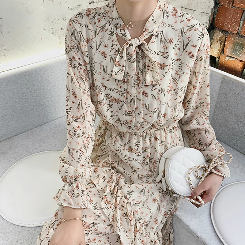 Mozuleva Floral Print Chiffon Women Dress Lace Up Collar Irregular Ruffles Female Long Vintage Flare Sleeve A-line Vestido | Женская
