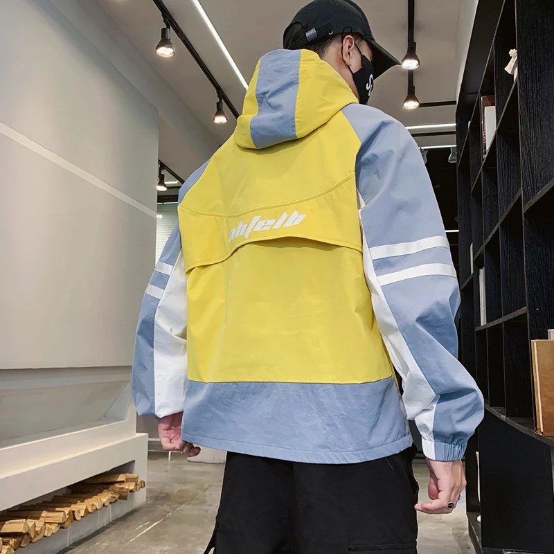 

Spring Autumn Men's Jacket High Street Techwear Pullover Windbreaker Jackets Men Casual Patchwork Outwear Hooded Coats 5XL