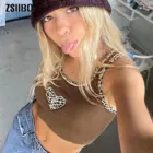 Укороченная Женская майка, коричневого цвета, Y2K, летний, с леопардовым принтом, без рукавов, в стиле пэчворк