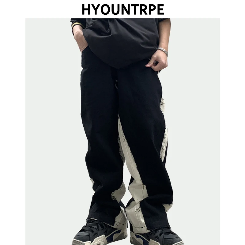 

Mens Denim Jeans Casual Ripped Patchwork Straight Zipper Jeans New Hip Hop Streetwear Trousers High Street Loose Pants Joggers