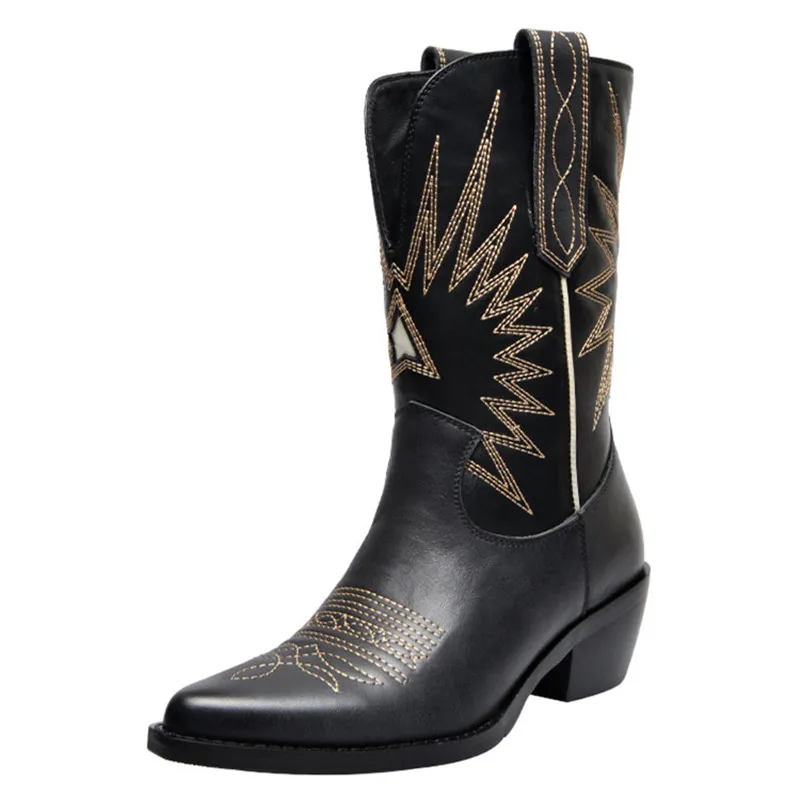 

New Genuine Leather Slip-on Mid-calf Women Boots Belt v-tube Flat Westren Matin booties Heel botas feminina Zapatillas