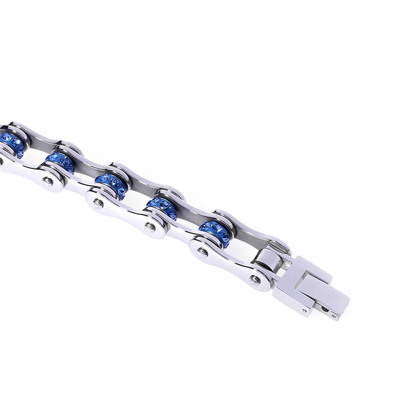 

Wholesale Thick Stainless Steel Bicycle Chain Bracelet For Women Gothic Punk Blue Color Crystal Stone Bangles Party Accessories