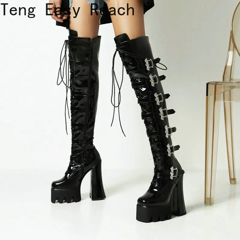 

2021 Women Over The Knee Boots Platform Super Square High Heel Ladies Thigh Boots Patent PU Leather Side Zipper Women's Boots