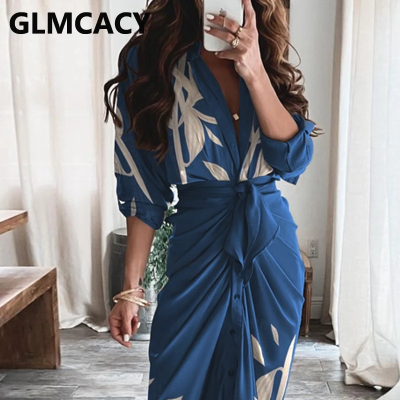 

Leaf Printed Tied Detail Ruched Shirt Dress Casual Dress Summer Work Dress