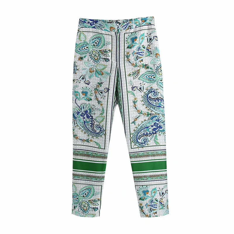 

Spring Fashion LadiesZipper Pant Vinatge Woman Green Loose Print Pants Female Chic Beach Pant