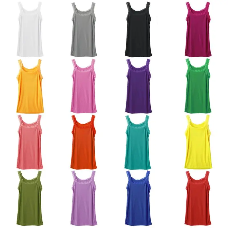 

Women Summer Sleeveless Tank Top Bright Solid Candy Color Basic Camisole Floral Lace Trim Ribbed Knit Casual Underwear Slim Vest