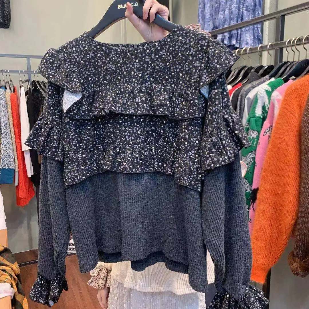 

Korea 2021 Spring New Fashion Casual Office Lady All-Match Round Neck Floral Blouse Long-Sleeved Ruffle Print Patchwork Tops