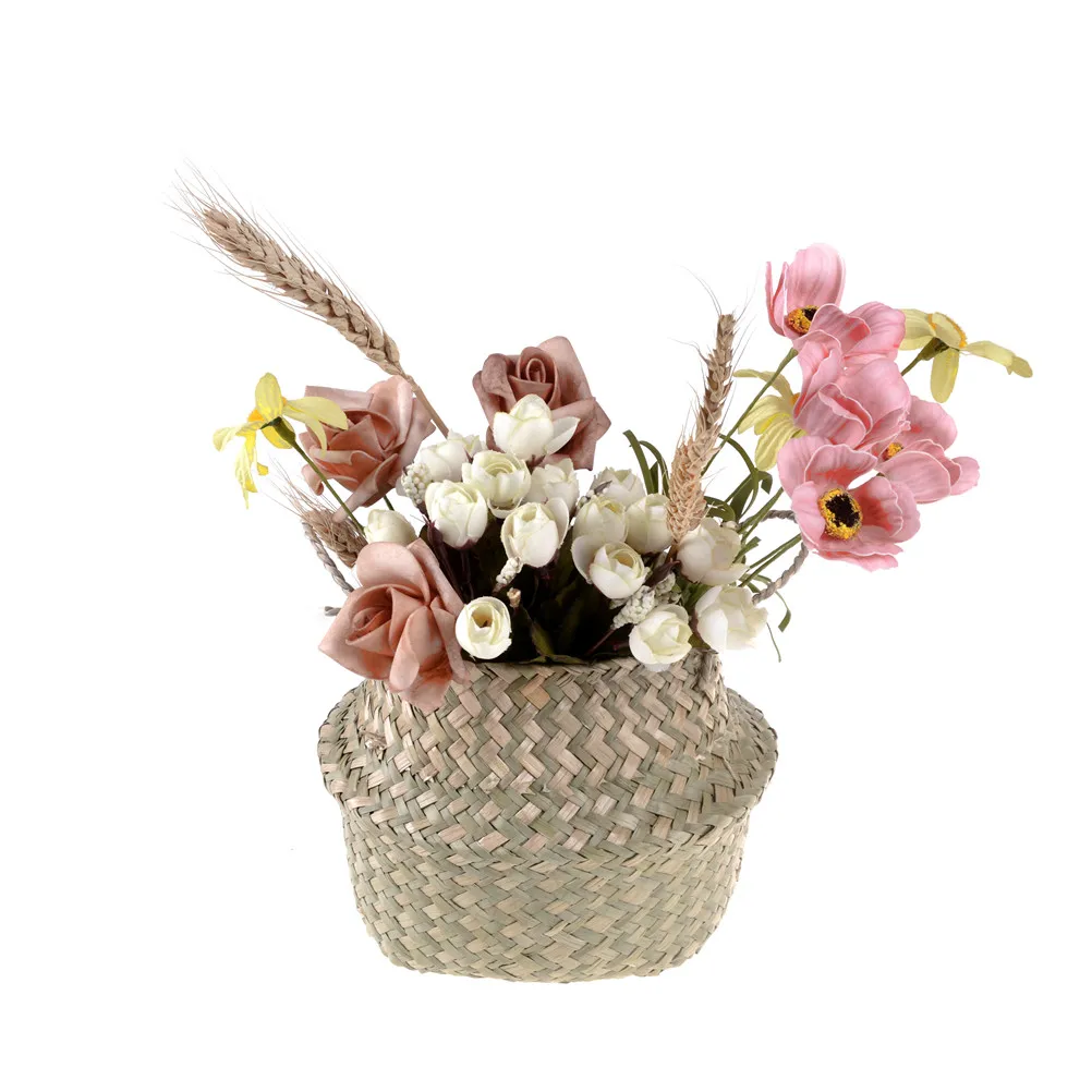 

Handmade Storage Baskets Foldable Laundry Straw Patchwork Wicker Rattan Seagrass Belly Garden Flower Pot Planter Basket