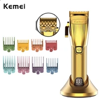 kemei led display pro hair clipper all metal body cutter electric diamond blade trimmer with 8 color coded cutting guides