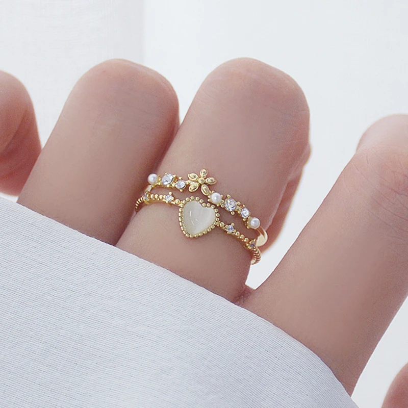 

Romantic Charm 14k Real Gold Opal Heart-shaped Mermaid Tail Rings for Women Jewelry Adjustable Open Brilliant AAA Zirconia Party