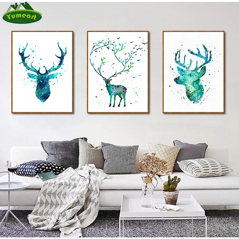 Абстрактная акварельная картина силуэт оленя силуэта плакат принты