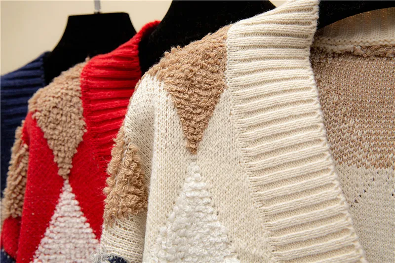 

New Autumn Womens V-Neck Loose Cardigan Coats Vintage Preppy Style Patchwork Plaid Knitwear Single-breasted Knitted Sweater Tops