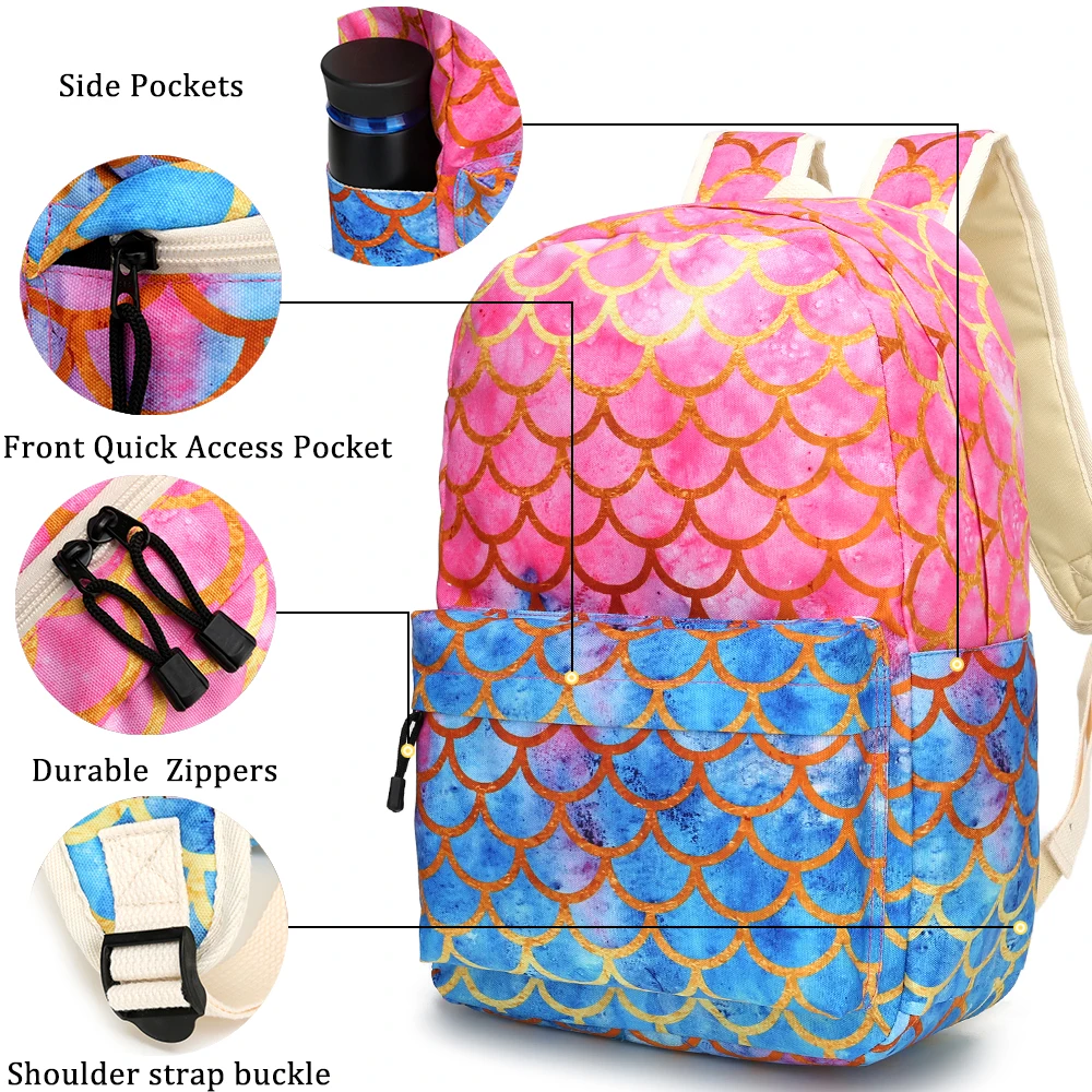 3pcs Set Ladies Fashion Canvas Backpack Mermaid Lovely Elementary School Bag Children's Lunch Bag Pencil Bag Girl Backpack