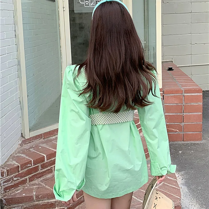 

Female Spring Autumn V-Neck Fashion Solid Color Pearl Spliced Shirt Women Designed High Street Elegant Blouses Ladies Tops ML157