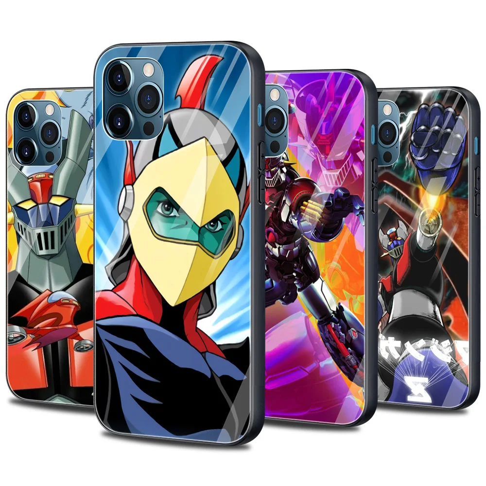 

Glass Phone Case For Apple iPhone 11 Pro Max 12 XS XR X 8 7 6S 6 SE2020 12mini Black Soft Frame Fundas Mazinger Robot Goldorak