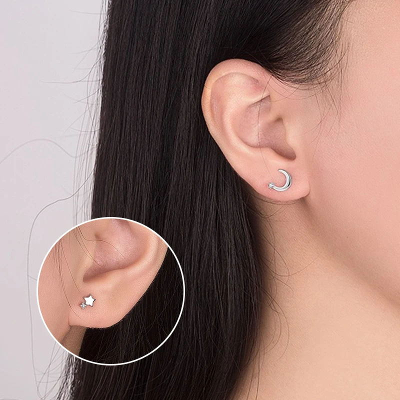 

Fashion Silver Color Moon Star Stud Earrings for Women Elegant Wedding Jewelry 2021 Trendy Gifts Crystal Ear Stud