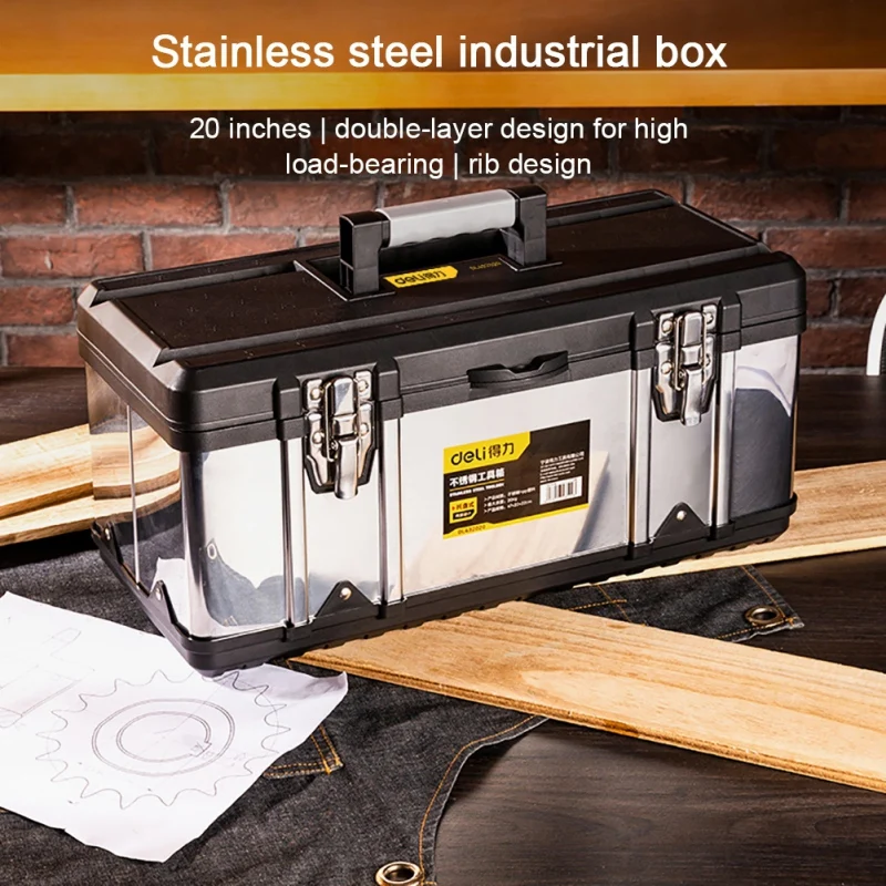 

DeLi DL432020 Stainless Steel Tool Box With Handle Double Layer Hardware Portable Organizer Official Genuine Authorization