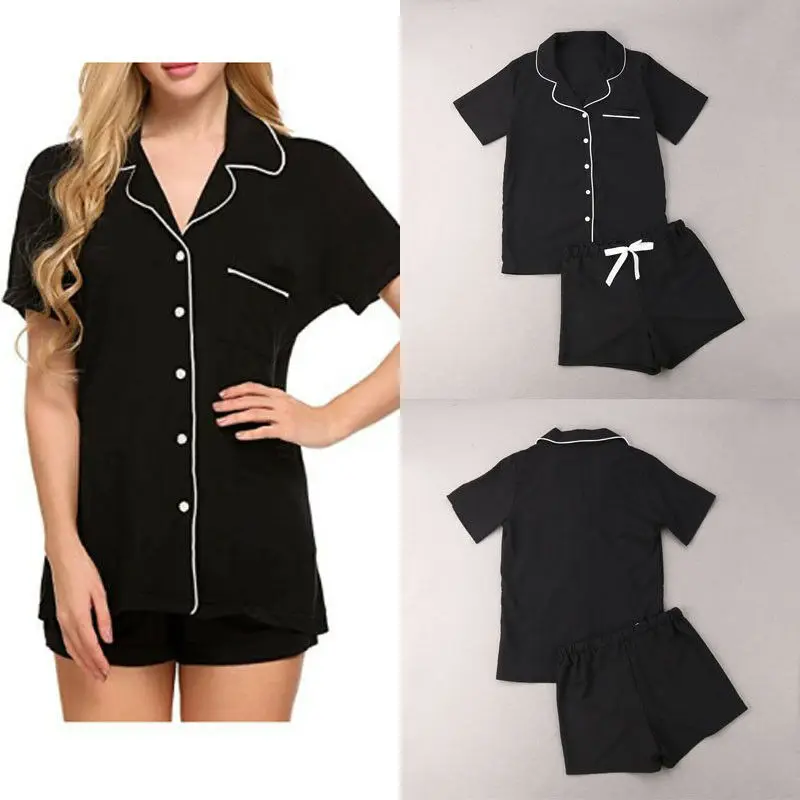 

New Sexy 2Pcs Pajamas Sets Summer Cotton Short Sleeve Shirts+Pants Homewear Sleepwear Nightwear Robe White Black