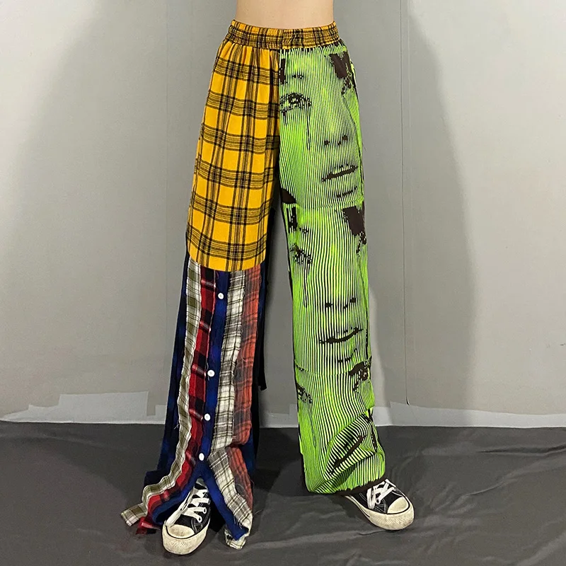 

Брюки женские с аппликацией и высокой талией, повседневные свободные модные штаны с принтом в стиле пэчворк, с широкими штанинами, RE2031