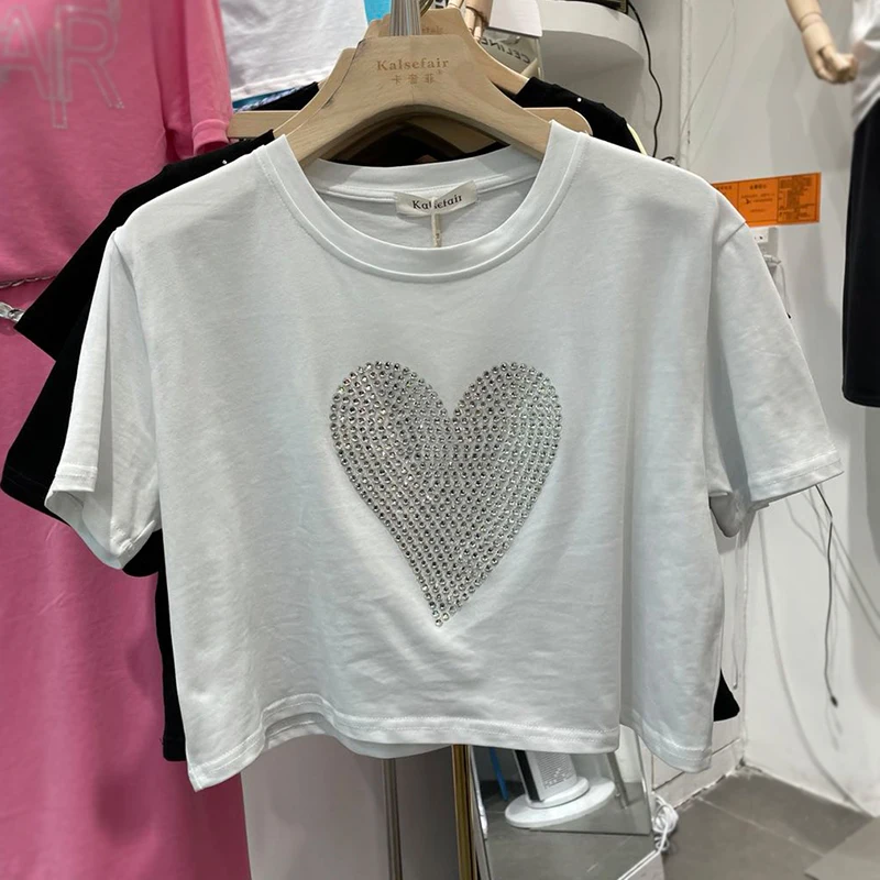 

Summer New Chic Slimming Round Collar Short Sleeve Short T-shirt Female Rhinestone Heart Shape T-shirt Top