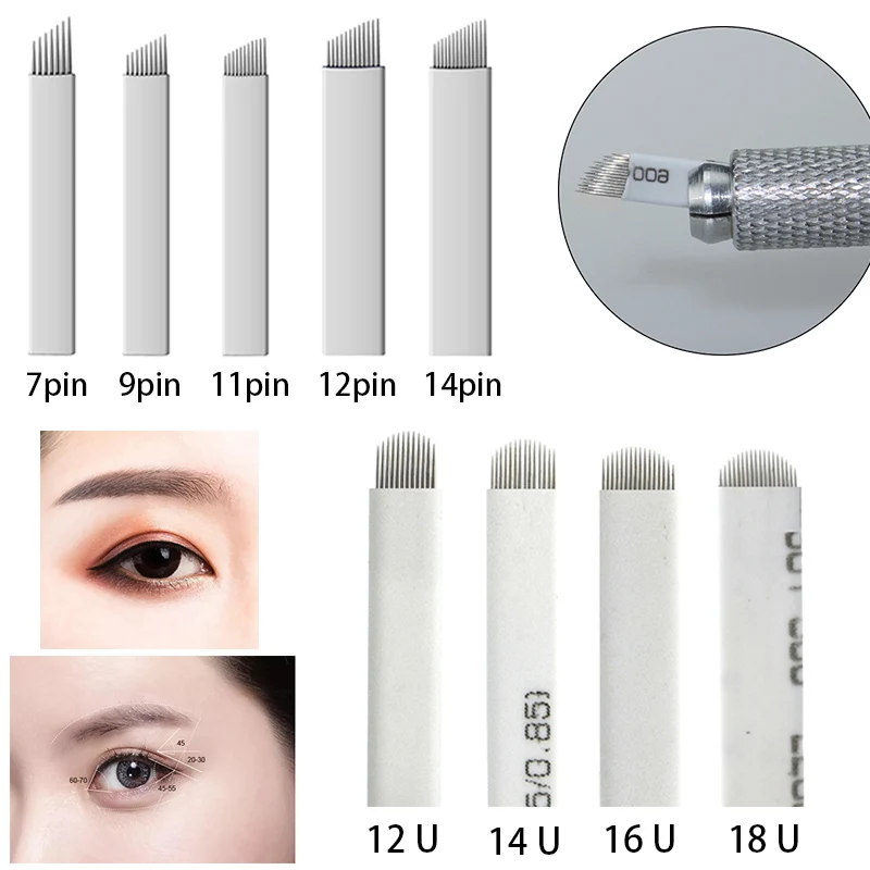 

50Pcs White Manual Needle 7/9/11/12/14/16Pin 12/14/16/18U Shape Tattoo Microblading Blade For Permanent Makeup Tattoo Accessorie