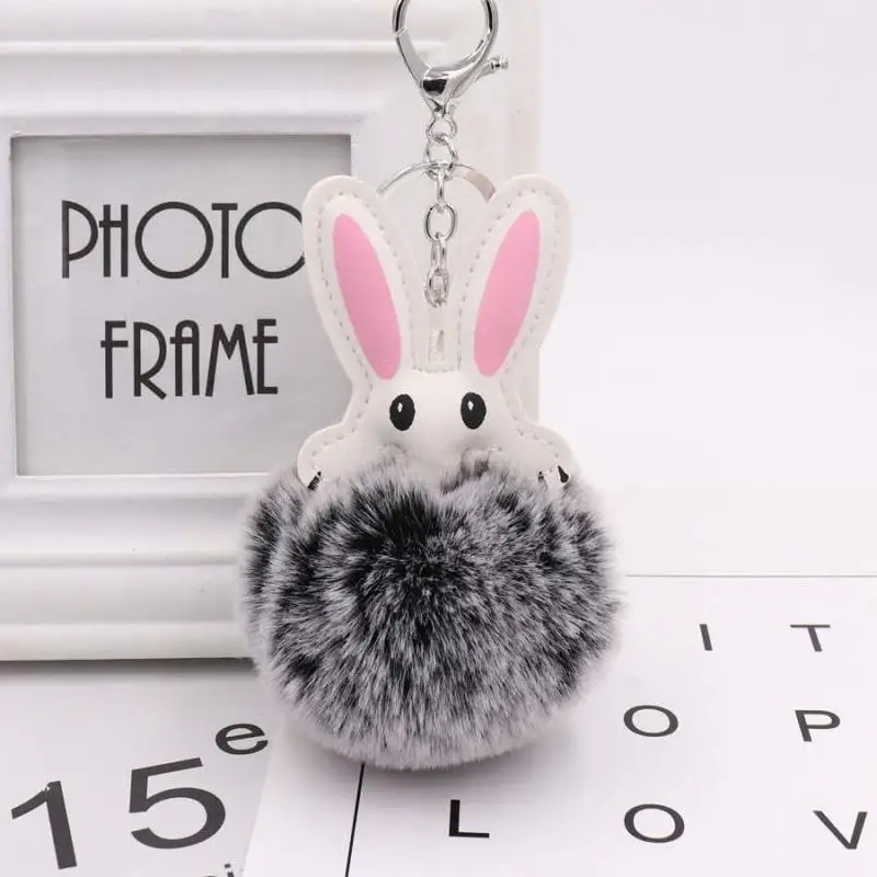 

Fur Pom Pom Keychain Artificial Rabbit Hairball Keychain Soft Pompon Animal Hairball Car Keychain Rabbit Leather Keychain