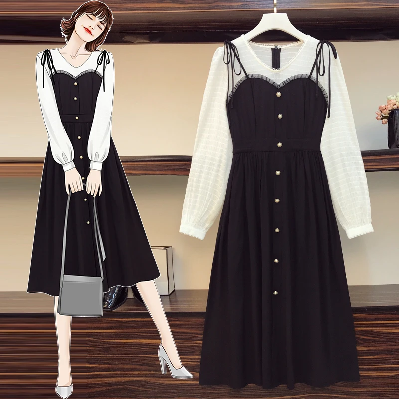 

L-4XL Plus Size Women Elegant Dresses Spring 2021 Korean Fashion White Long Sleeve Patchwork Black Slip Fake Two Piece Dress
