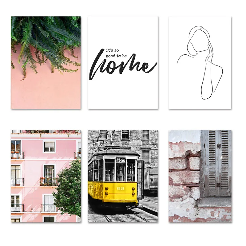 Городской пейзаж холст постер Скандинавское украшение автобус розовое здание