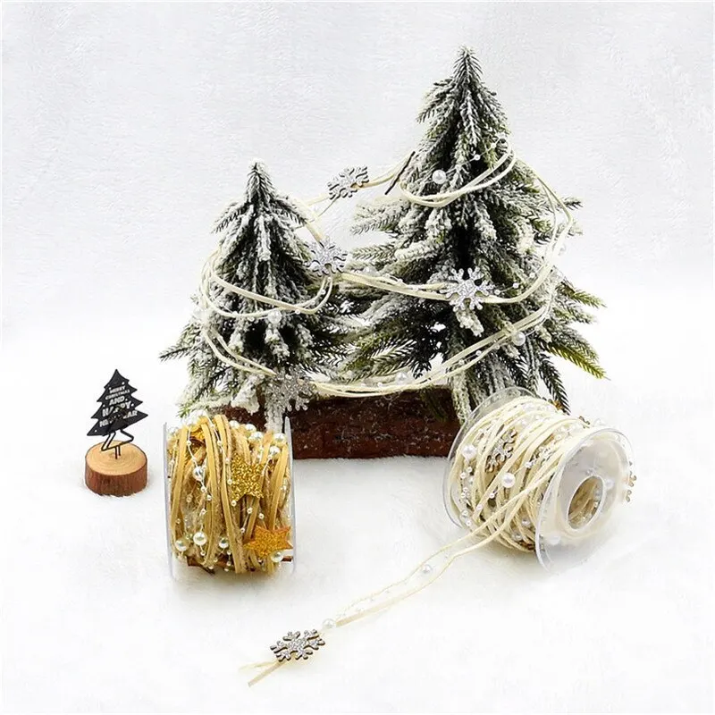 

5M Christmas Ribbon Tree Hanging Ornaments Star Bead Chain Ribbon for Xmas Decoration Window Door Hanging Gift Packing Ribbons