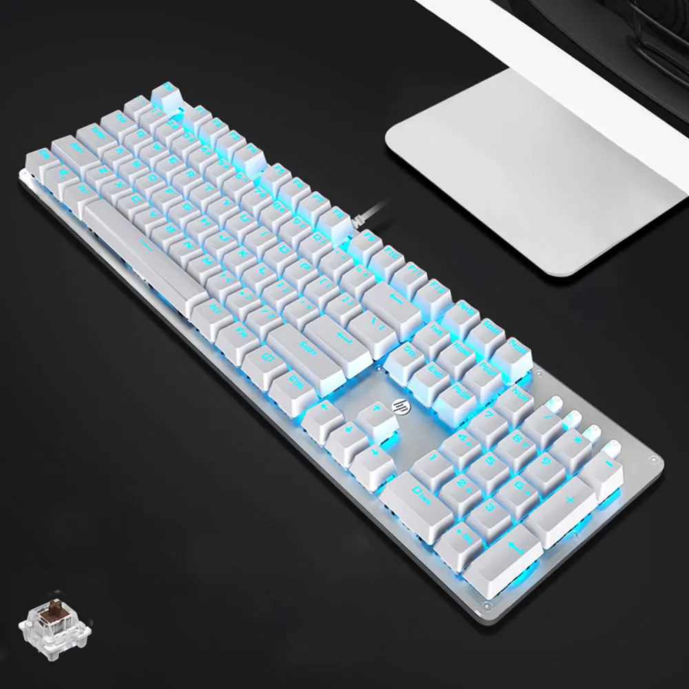 Hp GK100 Механическая игровая клавиатура с подсветкой, синий, красный переключатель, 104 клавиш, металлический цветной светодиодный компьютер с подсветкой, Проводная клавиатура для геймера