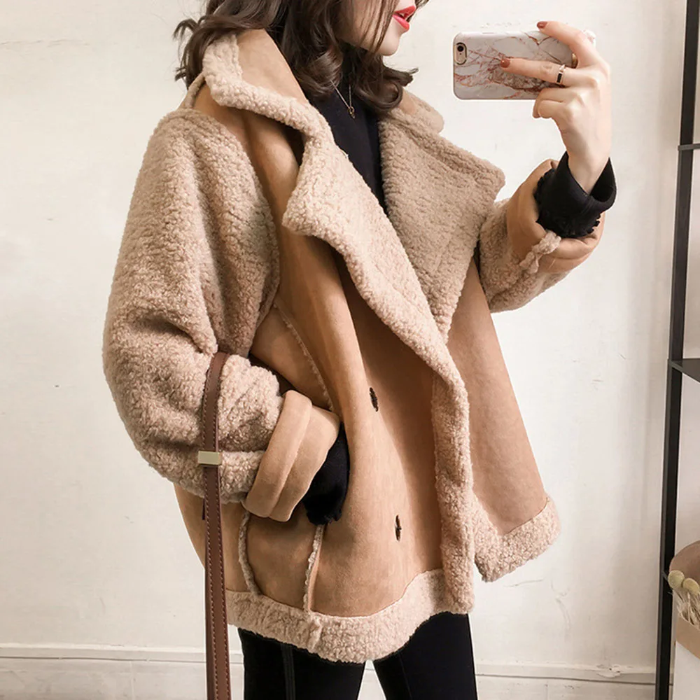 

Winter Plush Coat Women Turn Down Collar Warm Fleece Thick Outwear Female Korean Fashion Faxu Fur Suede Jacket Causal Plus Size