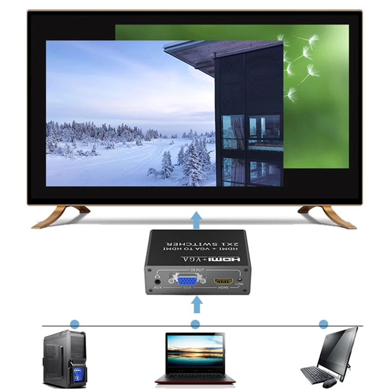 Преобразователь из VGA в HDMI с аудио 1080P видео Выход к адаптер 2-в-1 коммутатор для