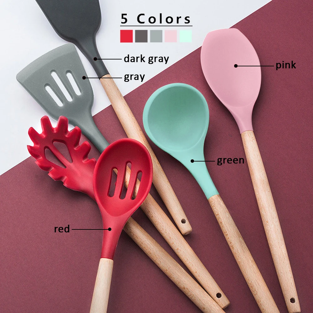 

Silicone Cooking Utensils 11/12/13Pcs Kitchen Utensil Set Non-stick Spatula Wooden Handle with Storage Box Kitchen Tools Gray