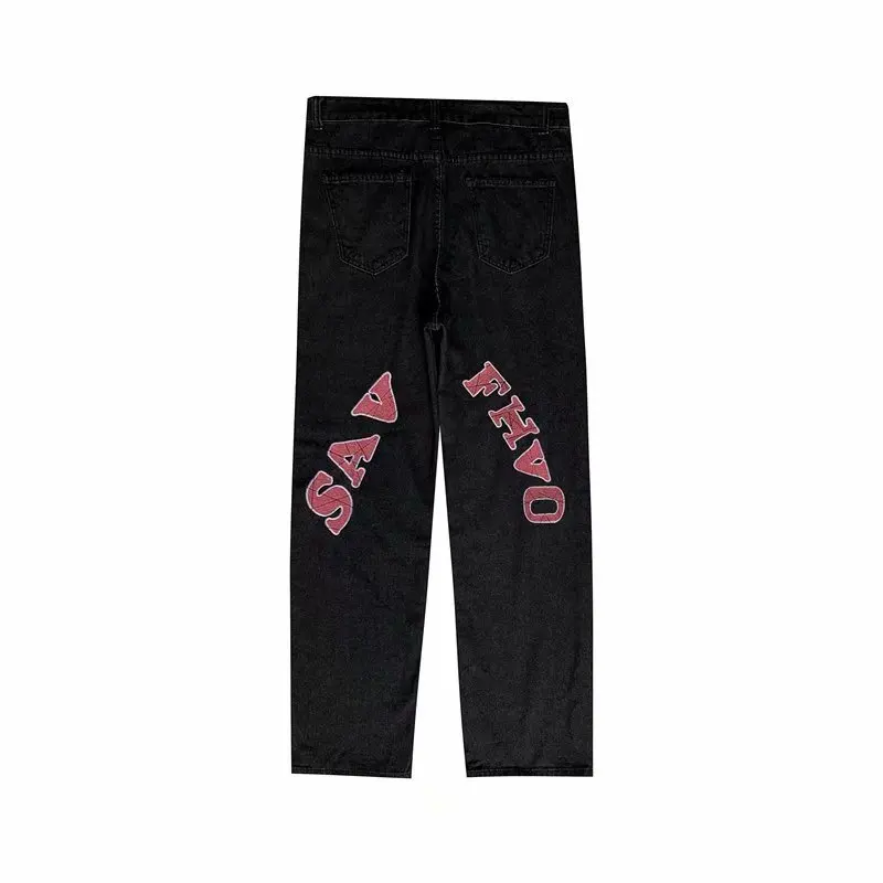 ICCLEK Printed Jeans Men's Straight Loose Pants High Street Pants Street Washed Casual Pants Black Jeans Men  Men Pants