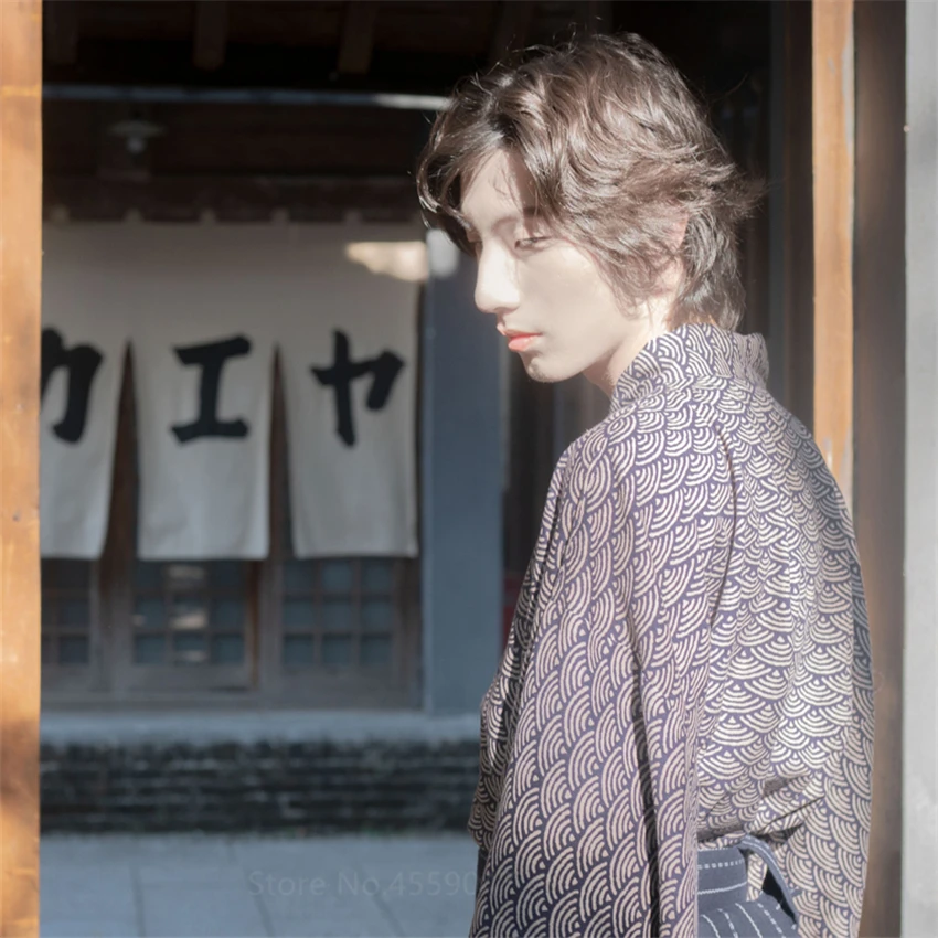 Халат-кимоно для мужчин юката хаори самурайский хлопок пижама длинный кардиган