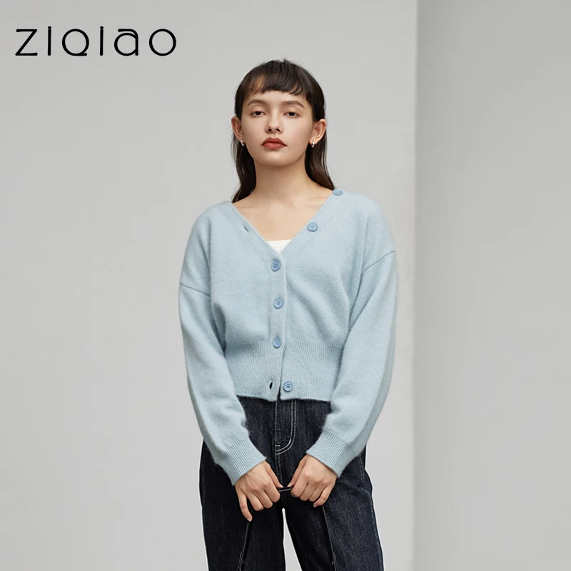

ZIQIAO Women Cardigan Women's Knitted Cardigan Sweater Early Autumn Loose Lazy Style Jacket Outside Solid V-neck Korean Cardigan
