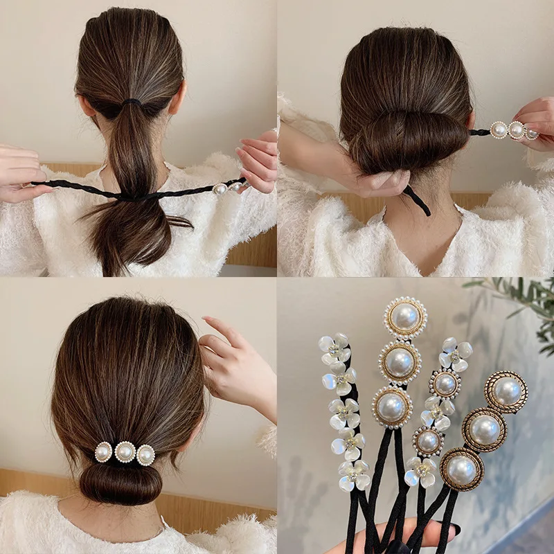 

New Pearls Magic Bun Maker Hairbands Donut Pearl Flower Hair Bands Fashion Girls DIY Hairstyle Headband Tools Accessories