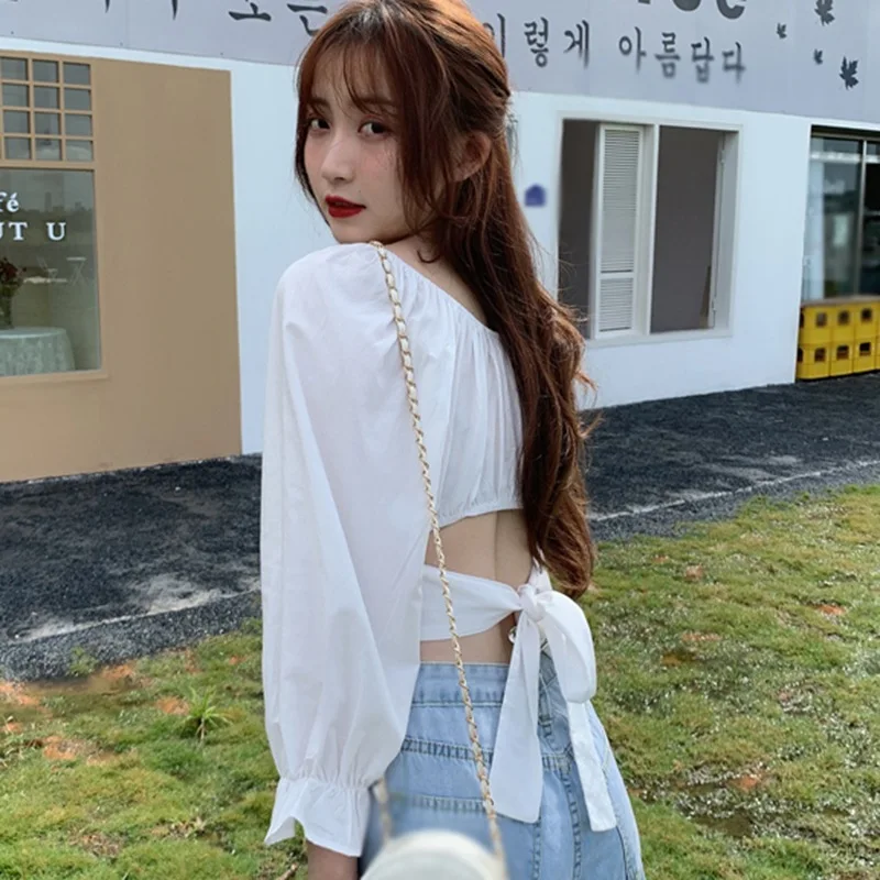 

Women Tops Backless Shirt Square Collar Sexy Puff Sleeves Tops Solid Navel Exposed Chiffon Long Sleeves Shirt Women Clothes