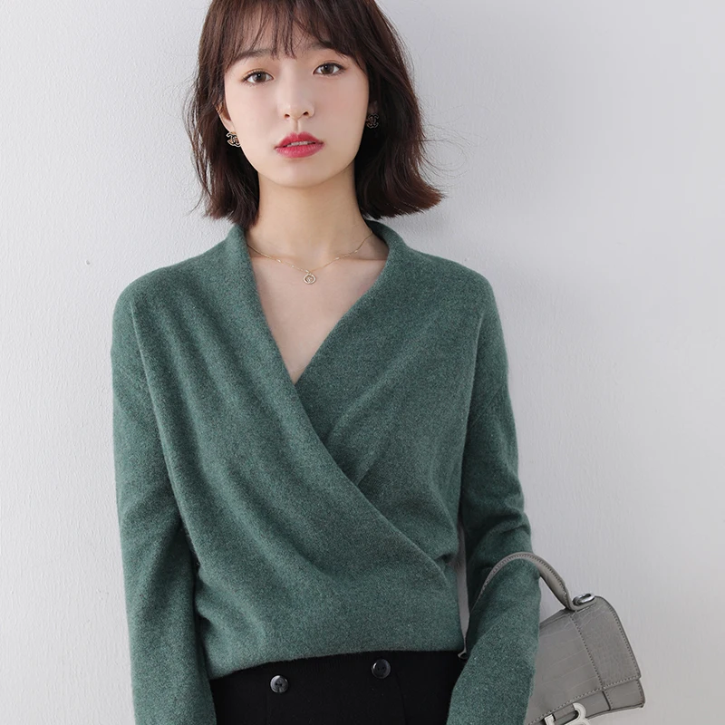 Женский трикотажный кашемировый свитер однотонный шерстяной вязаный джемпер с